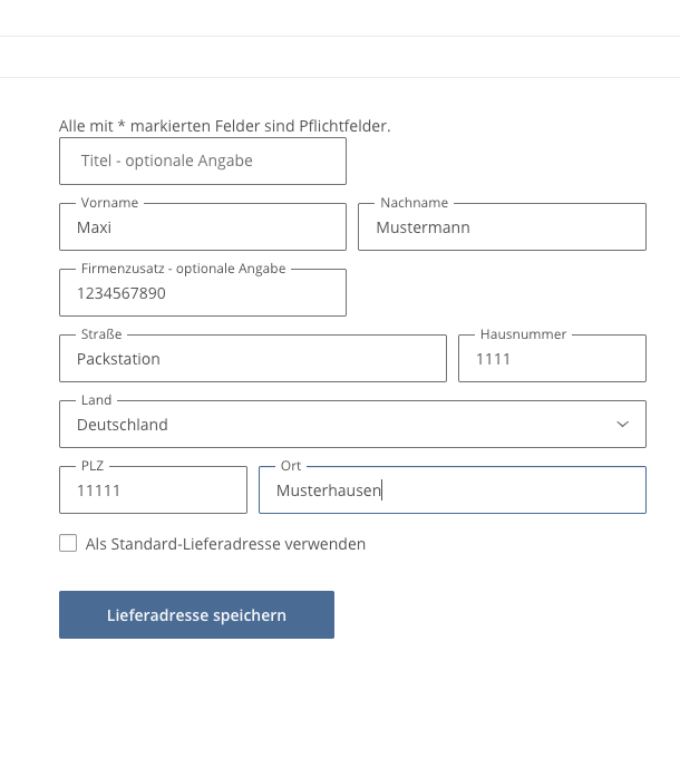 Beispiel für die Lieferadresse bei Lieferung an eine Packstation: Postnummer im Firmenzusatz, Straße „Packstation“, Hausnummer ist die Nummer der Packstation